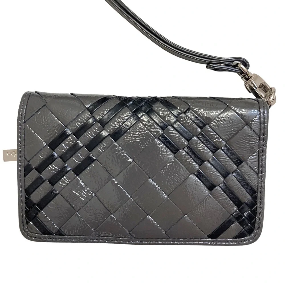 Hobo gray black patent woven leather wristlet wallet